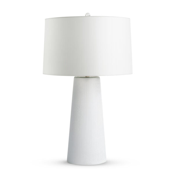 FlowDecor Christie Table Lamp in mouth-blown glass with hand-etched ice finish and off-white cotton tapered drum shade (# 4036)