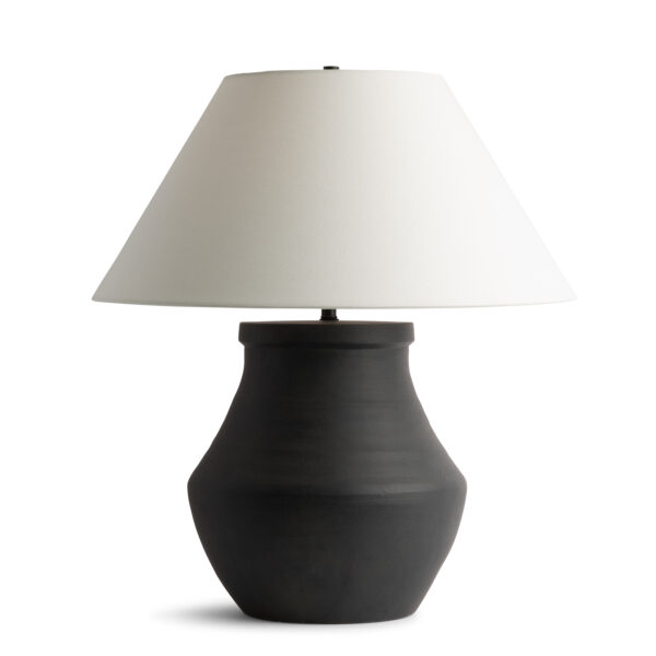 FlowDecor Drew Table Lamp in ceramic with black and off-white linen tapered drum shade (# 4679)