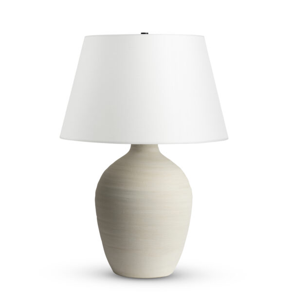 FlowDecor Dundalk Table Lamp in ceramic with cream finish and off-white linen tapered drum shade (# 4583)