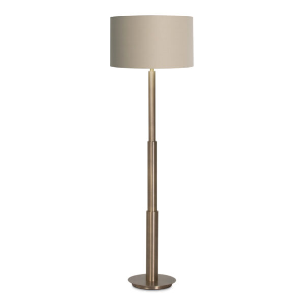 FlowDecor Hailey Floor Lamp in metal with antique brass finish and beige cotton drum shade (# 3980)