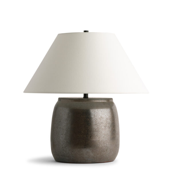 FlowDecor Jennifer Table Lamp in ceramic with rustic brown and off-white linen tapered drum shade (# 4665)