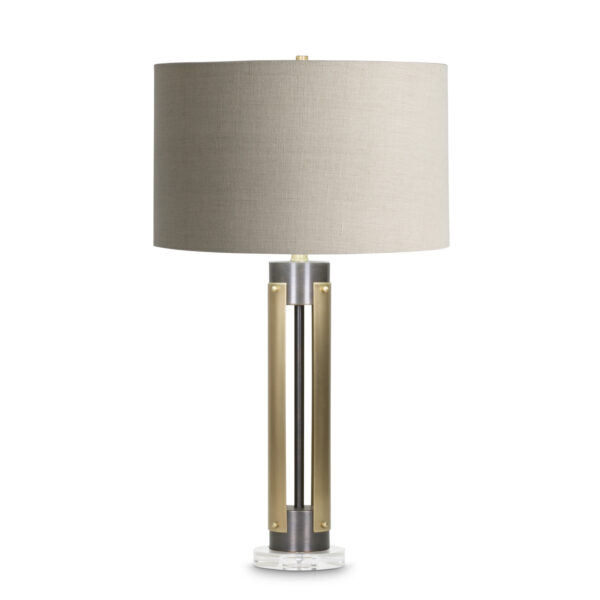 FlowDecor Kipling Table Lamp in metal with antique brass & bronze finishes and beige linen drum shade (# 4047)