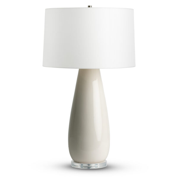 FlowDecor Maeve Table Lamp in ceramic with off-white finish and acrylic base and off-white cotton tapered drum shade (# 4508)