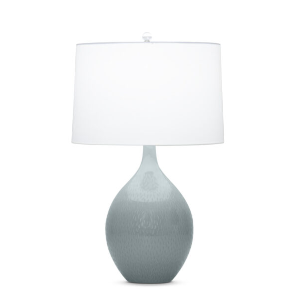 FlowDecor Malone Table Lamp in mouth-blown glass with grey-blue carved finish and off-white cotton tapered drum shade (# 3852)