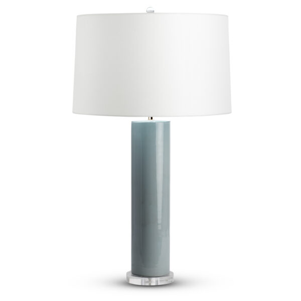 FlowDecor Miranda Table Lamp in mouth-blown glass with grey-blue finish and acrylic base and off-white cotton tapered drum shade (# 4510)