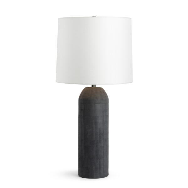 FlowDecor Monica Table Lamp in ceramic with black and off-white linen tapered drum shade (# 4640)