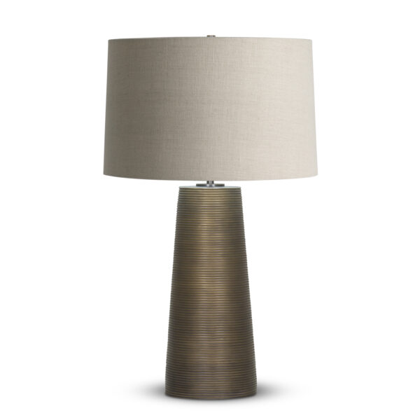 FlowDecor Olympia Table Lamp in resin with bronze finish and finely ribbed surface and beige linen tapered drum shade (# 4361)