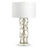 FlowDecor Pacific Table Lamp in metal with antique brass finish and crystal base and off-white linen drum shade (# 3598)
