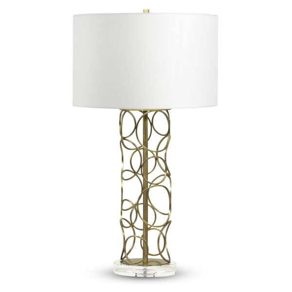 FlowDecor Pacific Table Lamp in metal with antique brass finish and crystal base and off-white linen drum shade (# 3598)