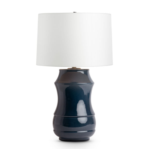 FlowDecor Peterson Table Lamp in ceramic with dark blue crackle finish and off-white linen tapered drum shade (# 4074)