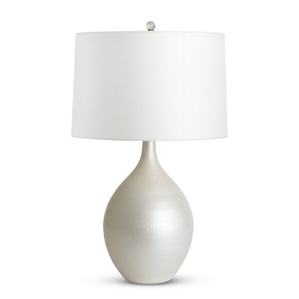 FlowDecor Raymond Table Lamp in mouth-blown etched glass with pearlescent cream finish and off-white cotton tapered drum shade (# 4511)