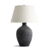 FlowDecor Reese Table Lamp in ceramic with distressed black finish and off-white linen tapered drum shade (# 4669)
