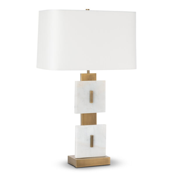 FlowDecor Reynolds Table Lamp in white marble and metal with antique brass finish and off-white cotton rounded rectangle shade (# 4525)