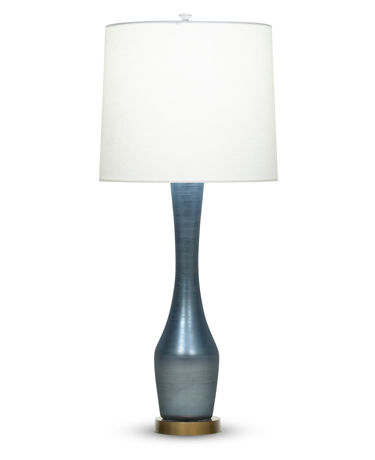 FlowDecor Roberts Table Lamp in mouth-blown glass with pearlescent blue finish and metal with antique brass finish and off-white linen tapered drum shade (# 3772)