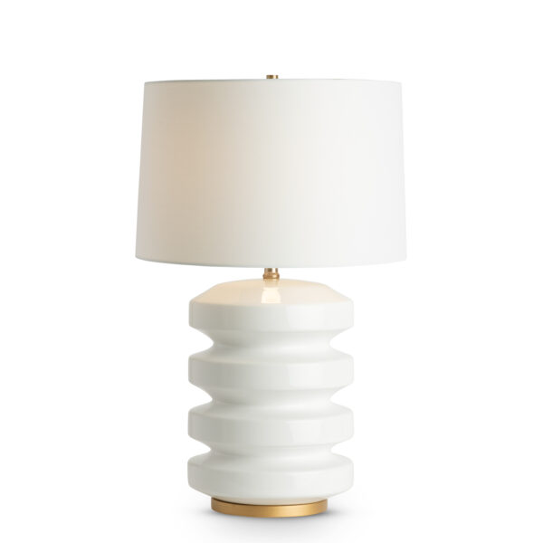 FlowDecor Rollins Table Lamp in ceramic with white finish and resin base with gold finish and off-white cotton tapered drum shade (# 4081)