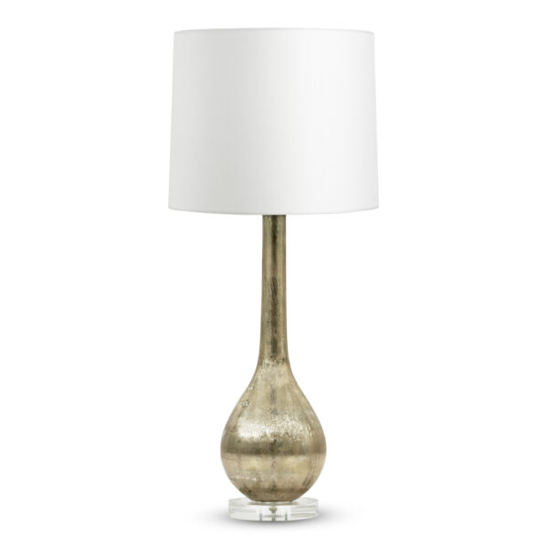 FlowDecor Rowan Table Lamp in mouth-blown glass with beige metallic finish and acrylic base and off-white linen tapered drum shade (# 3803)