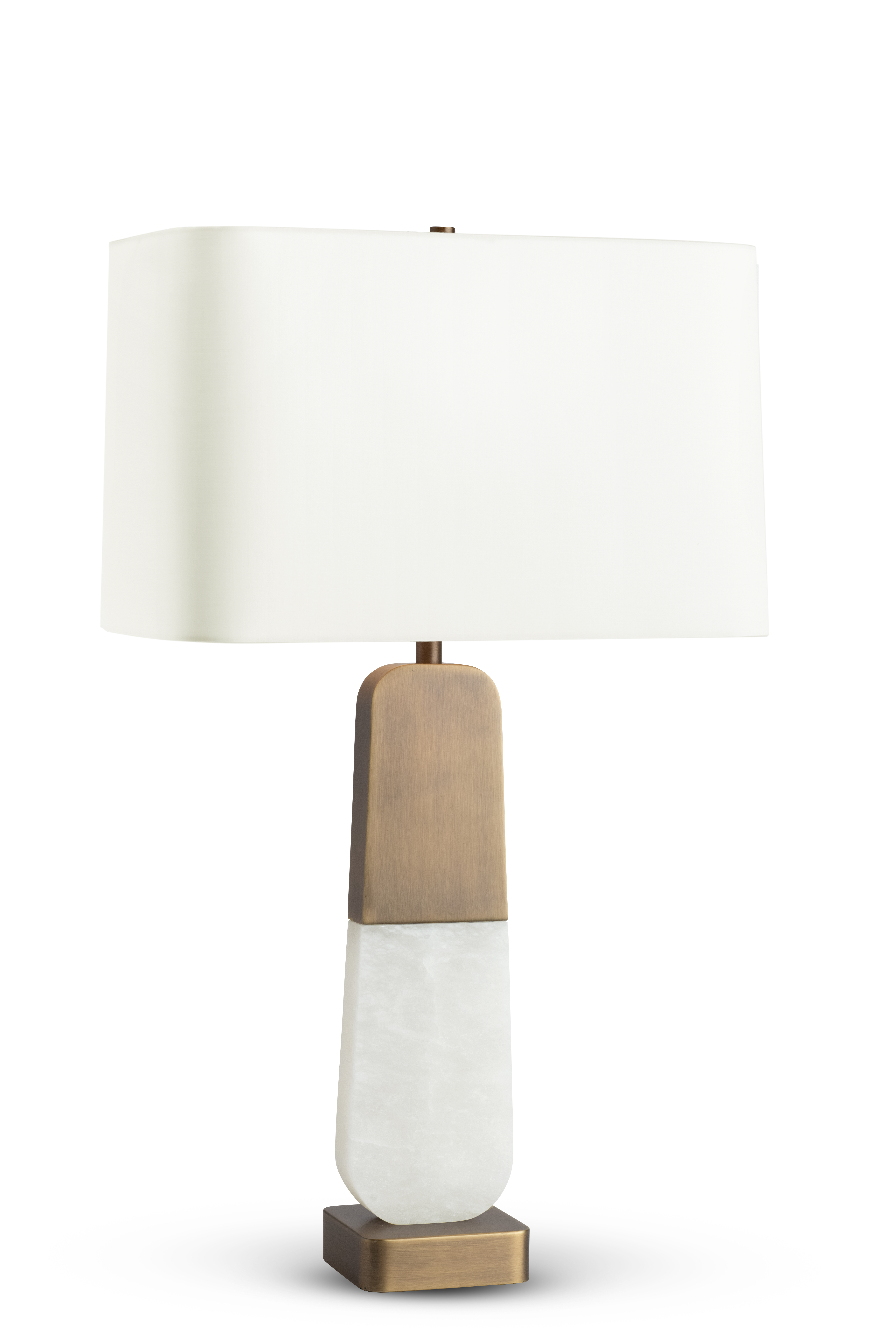 FlowDecor Samuel Table Lamp in alabaster and metal with antique brass finish and off-white linen rounded rectangle shade (# 4558)