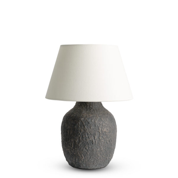 FlowDecor Teddy Table Lamp in ceramic with rustic brown and off-white linen tapered drum shade (# 4588)