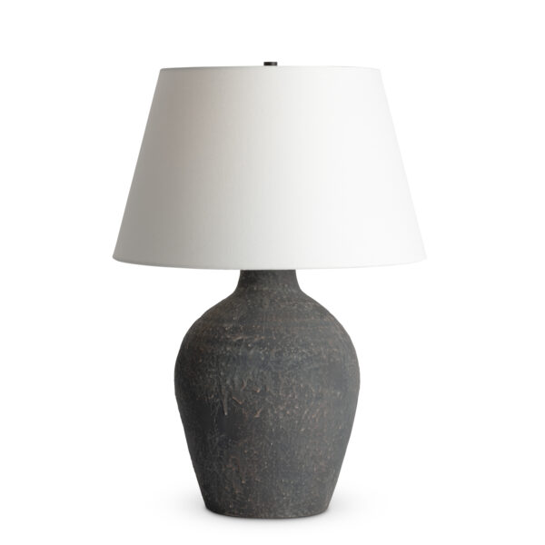 FlowDecor Theo Table Lamp in ceramic with rustic brown and off-white linen tapered drum shade (# 4507)