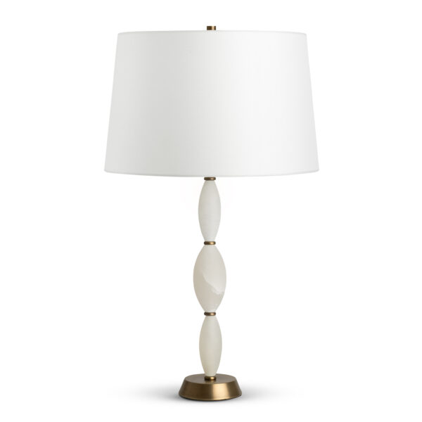 FlowDecor Trudy Table Lamp in alabaster and metal with antique brass finish and off-white cotton tapered drum shade (# 4557)
