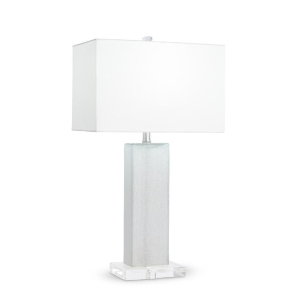 FlowDecor Waterloo Table Lamp in mouth-blown glass with hand-etched ice finish and acrylic base and white cotton rectangular shade (# 3371)