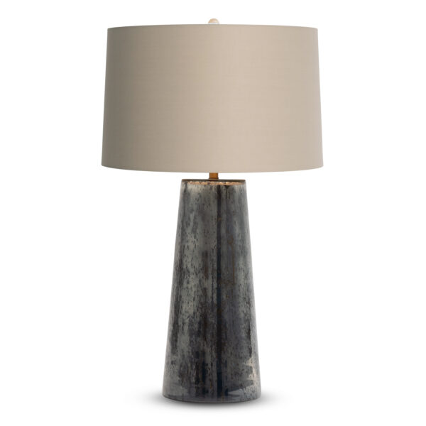 FlowDecor Wyatt Table Lamp in glass with taupe finish and beige cotton tapered drum shade (# 3953)