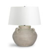 FlowDecor Beale Table Lamp in ceramic with earthy beige finish and off-white linen tapered drum shade (# 4544)