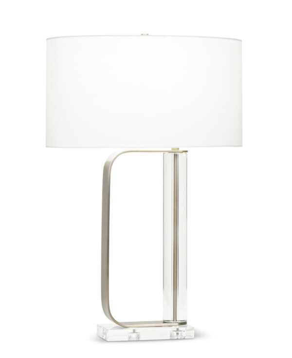 FlowDecor Abby Table Lamp in crystal and metal with antique brass finish and off-white linen oval shade (# 4095)