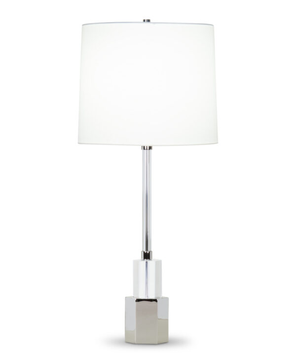 FlowDecor Breton Table Lamp in crystal and metal with polished nickel finish and off-white cotton tapered drum shade (# 4409)