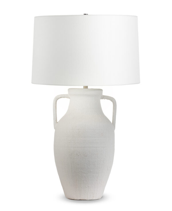 FlowDecor Delilah Table Lamp in ceramic with white finish and off-white linen tapered drum shade (# 4628)