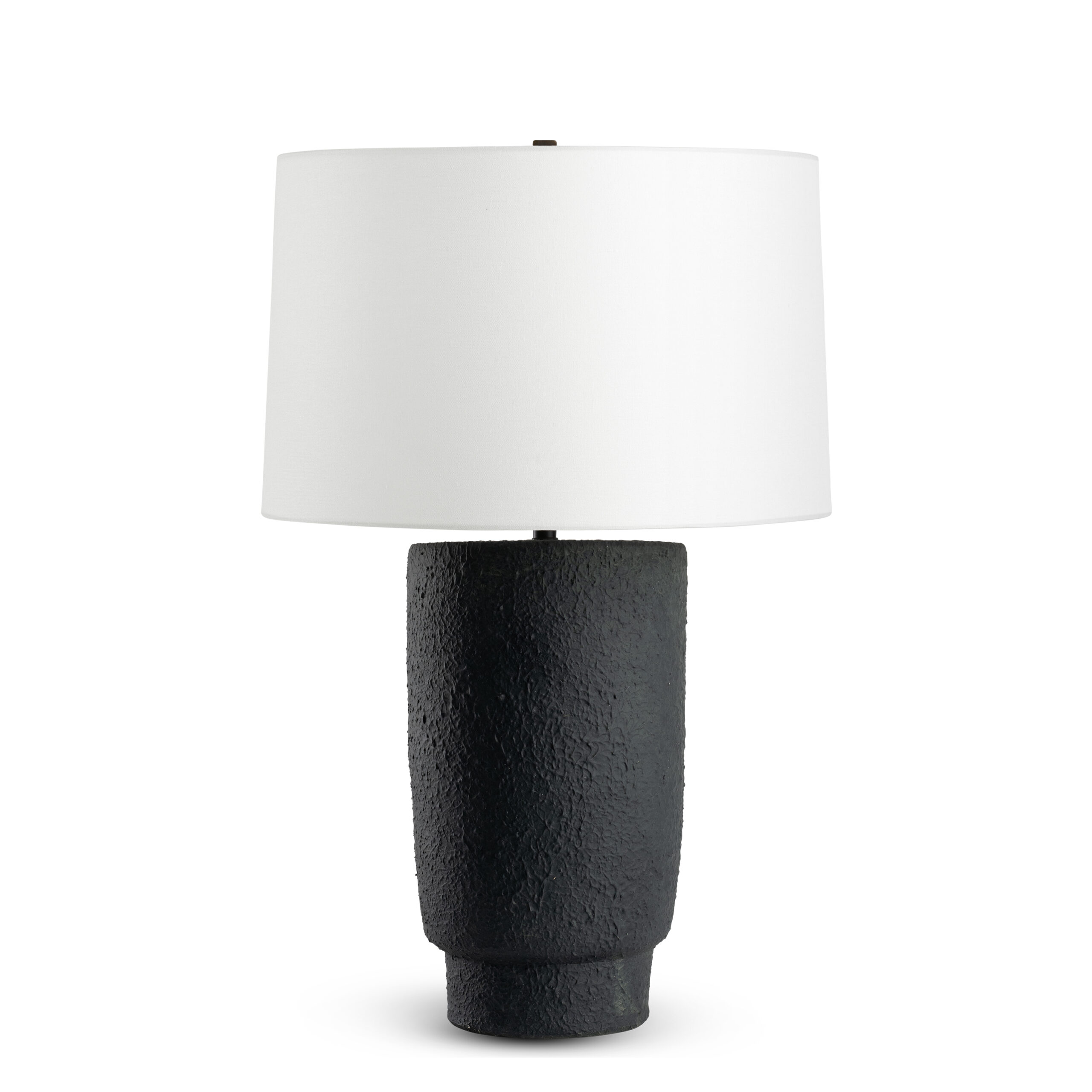 desmond-black-ceramic-table-lamp-main-4542-OWL FlowDecor Desmond Table Lamp in ceramic with black matte stipple finish and off-white linen tapered drum shade (# 4542)