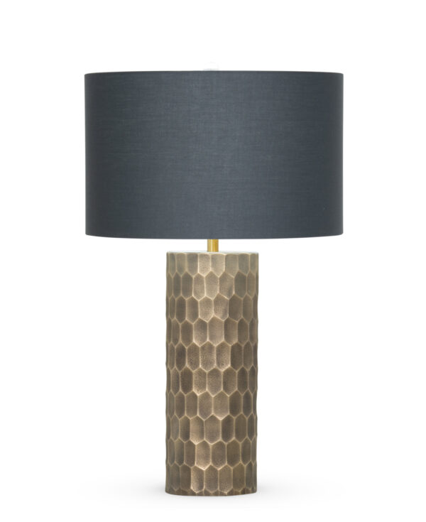 FlowDecor Ireland Table Lamp in mouth-blown glass with dark hand-etched brass plated finish and charcoal grey cotton drum shade (# 4402)