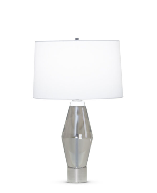 FlowDecor Jacob Table Lamp in crystal with smoked and metal with polished nickel finish and white linen tapered drum shade (# 3910)