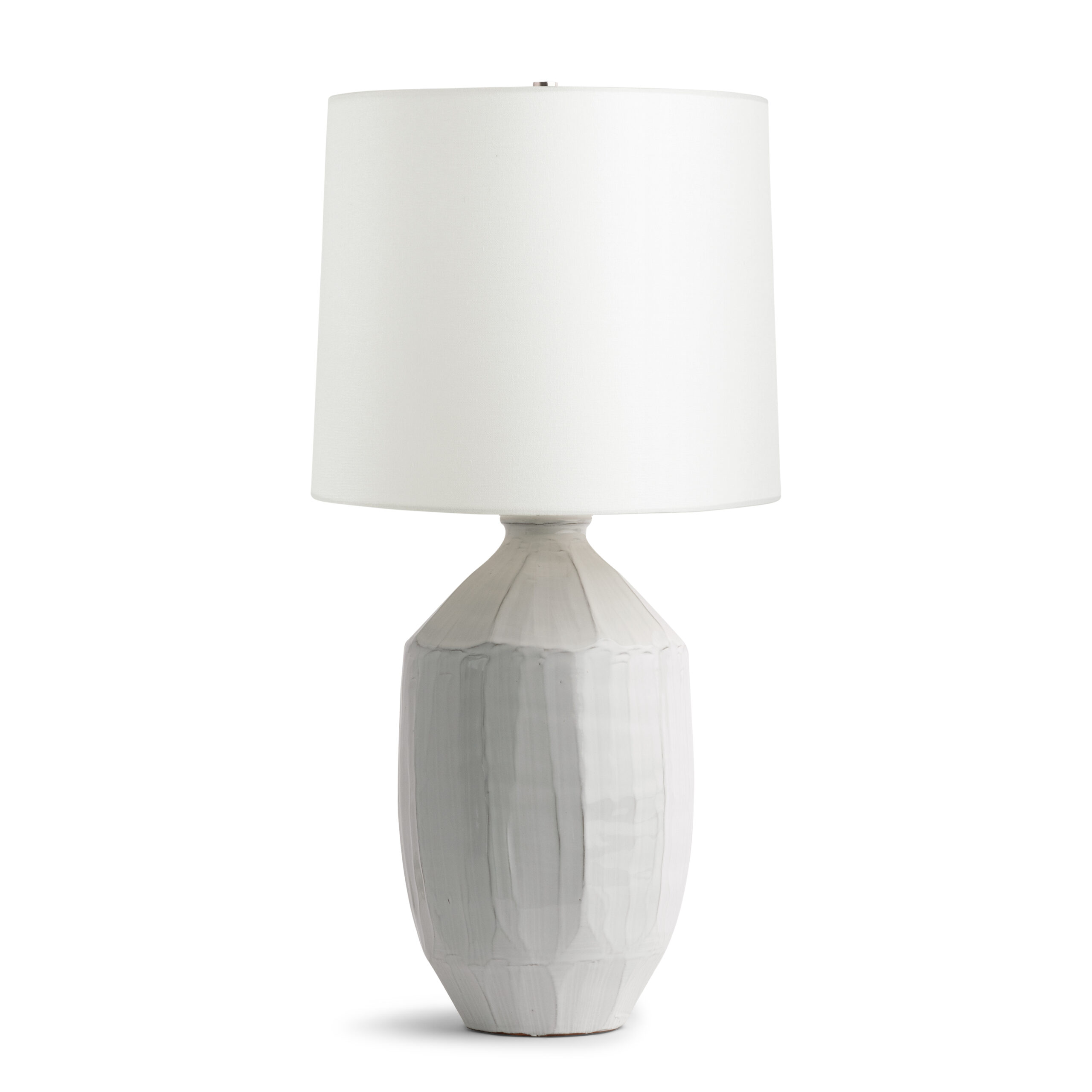 jodie-grey-ceramic-table-lamp-main-4667-OWC FlowDecor Jodie Table Lamp in ceramic with light grey finish and off-white cotton tapered drum shade (# 4667)