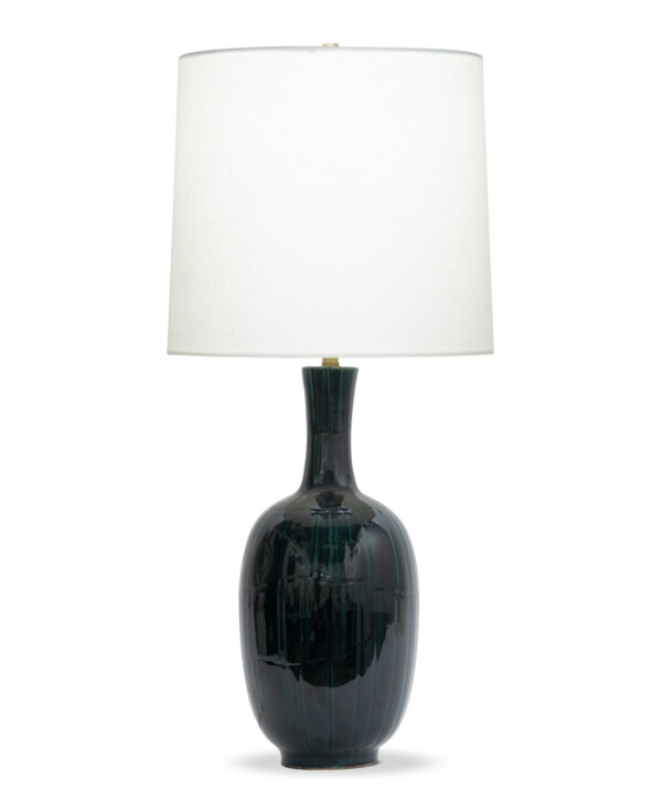 FlowDecor Keith Table Lamp in ceramic with dark emerald green and off-white linen tapered drum shade (# 4570)