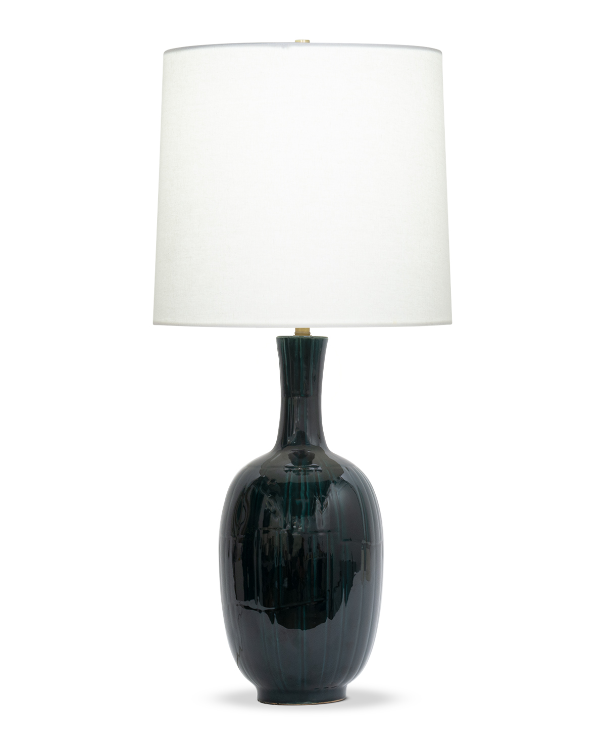 FlowDecor Keith Table Lamp in ceramic with dark emerald green and off-white linen tapered drum shade (# 4570)