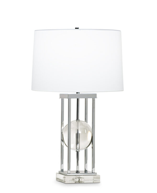 FlowDecor Locust Table Lamp in crystal and metal with chrome finish and off-white cotton tapered drum shade (# 3700)