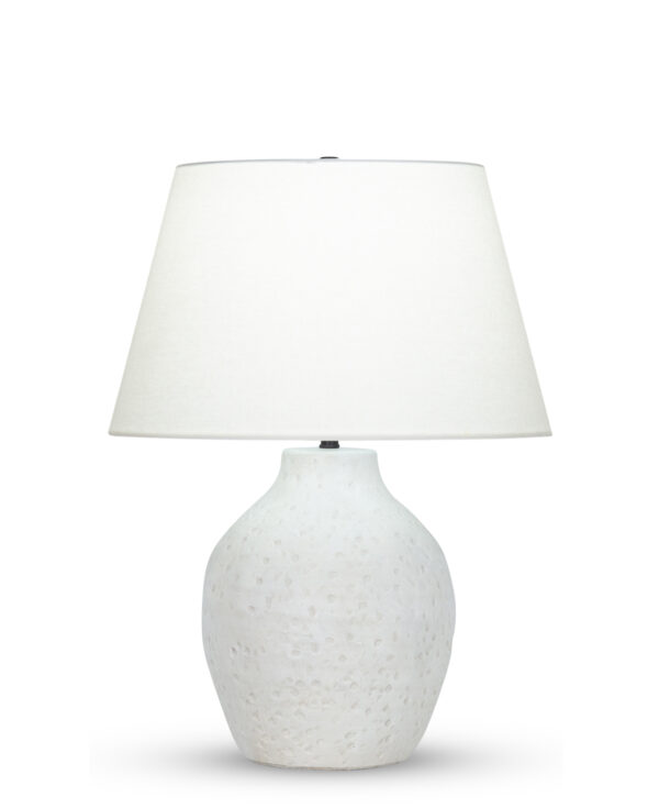 FlowDecor Luna Table Lamp in ceramic with off-white finish and off-white linen tapered drum shade (# 4503)