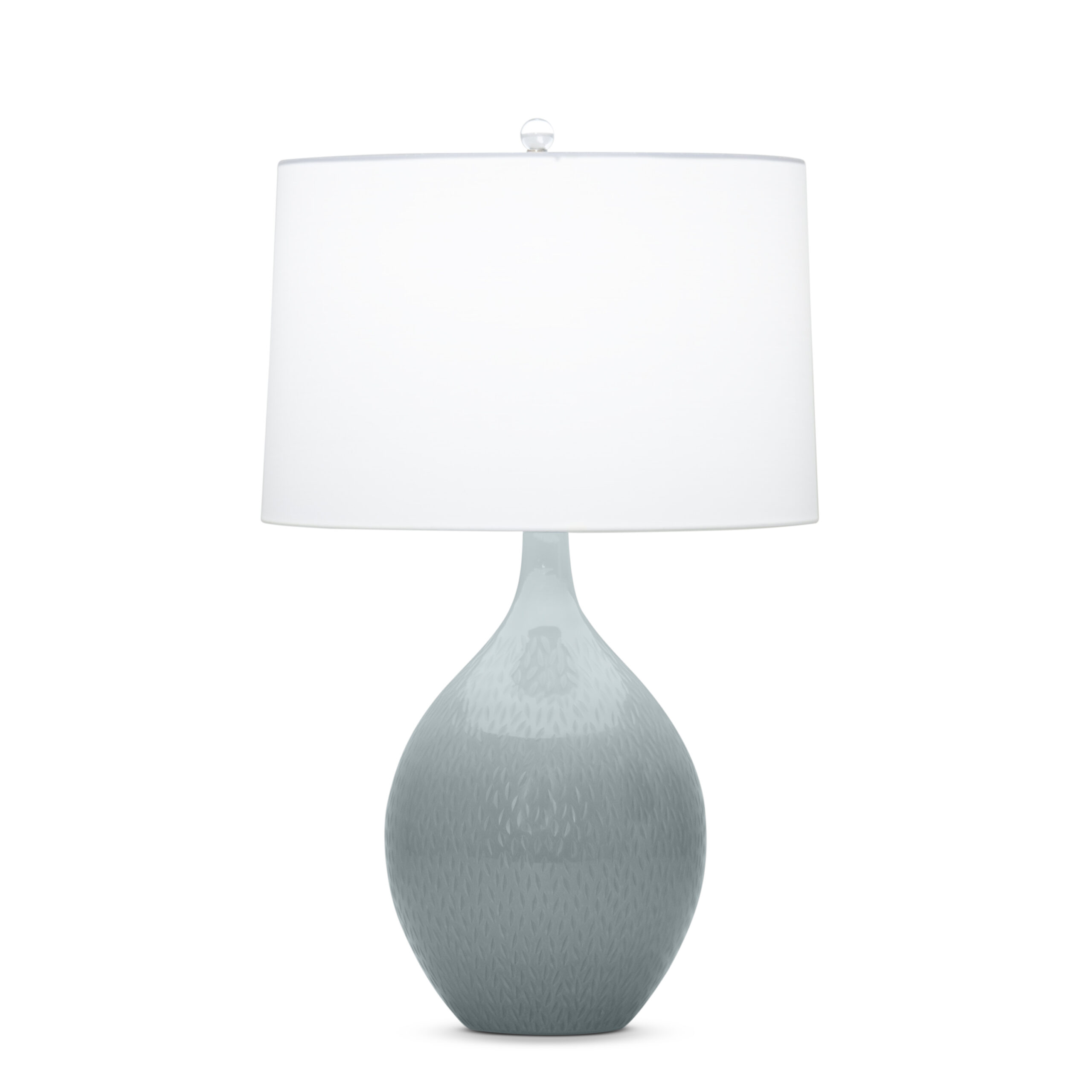 malone-blue-glass-table-lamp-main-3852-OWC FlowDecor Malone Table Lamp in mouth-blown glass with grey-blue carved finish and off-white cotton tapered drum shade (# 3852)
