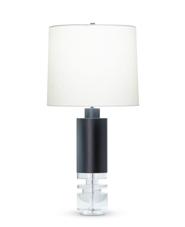 FlowDecor Marcia Table Lamp in crystal and metal with black matte finish and off-white linen tapered drum shade (# 4526)