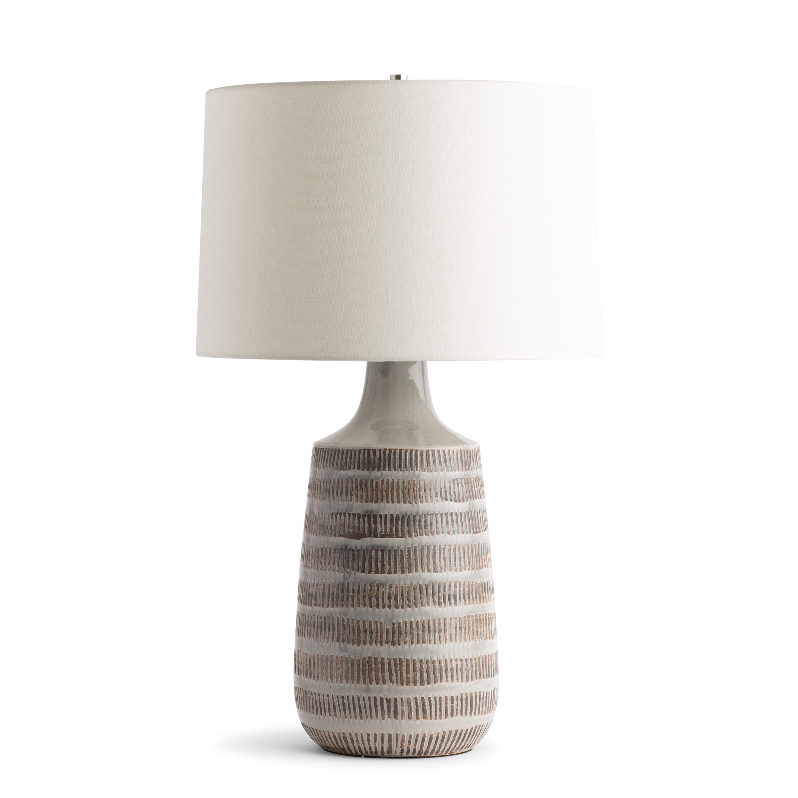 FlowDecor Marilyn Table Lamp in ceramic with grey finish and off-white linen tapered drum shade (# 4671)
