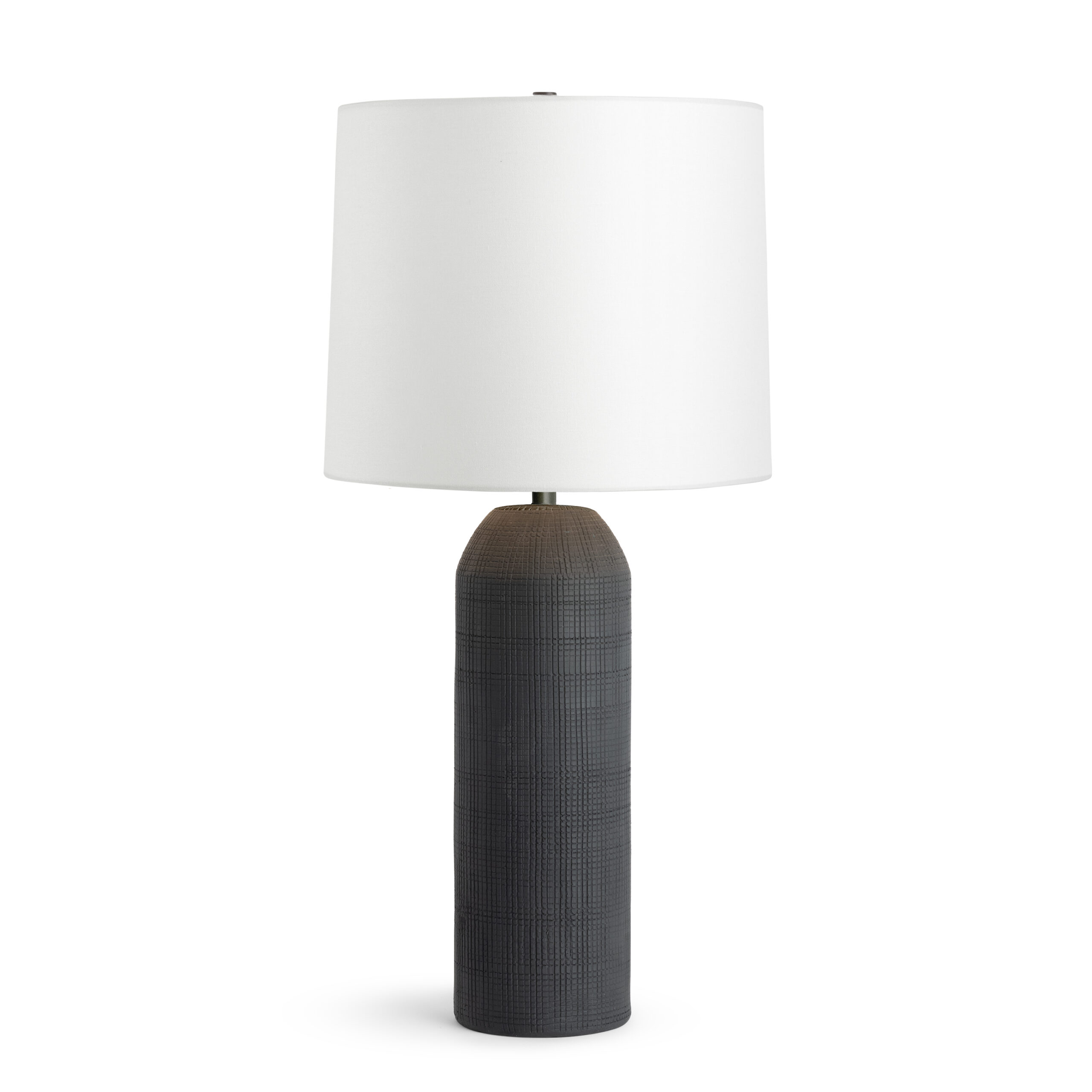 monica-black-ceramic-table-lamp-main-4640-OWL FlowDecor Monica Table Lamp in ceramic with black-brown and off-white linen tapered drum shade (# 4640)