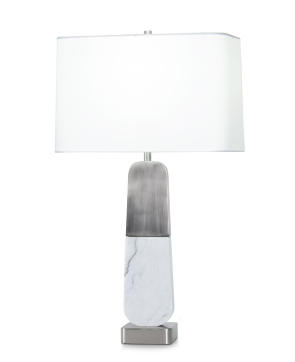 FlowDecor Naomi Table Lamp in white marble and metal with antique silver finish and off-white cotton rounded rectangle shade (# 4559)