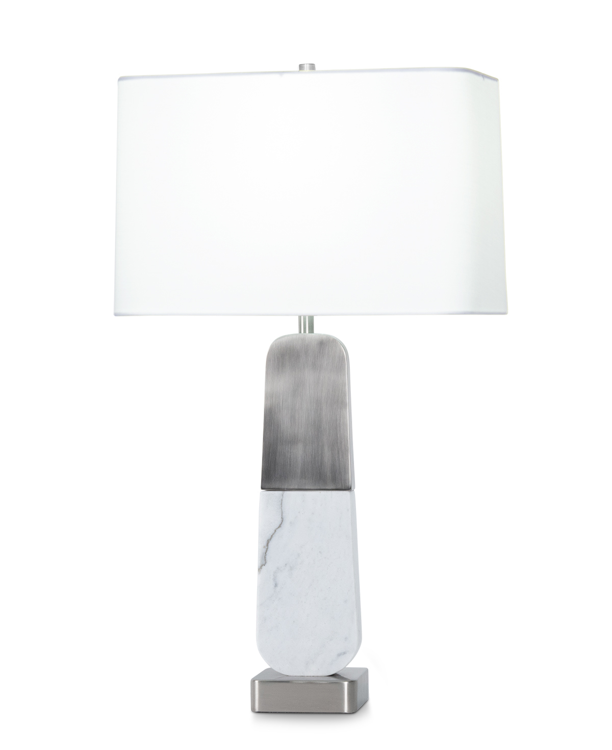 FlowDecor Naomi Table Lamp in white marble and metal with antique silver finish and off-white cotton rounded rectangle shade (# 4559)