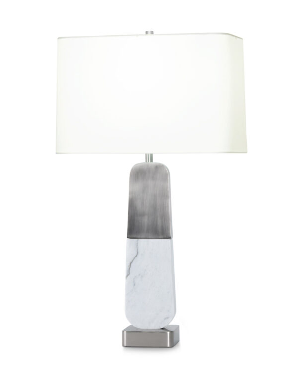 FlowDecor Naomi Table Lamp in white marble and metal with antique silver finish and off-white linen rounded rectangle shade (# 4559)