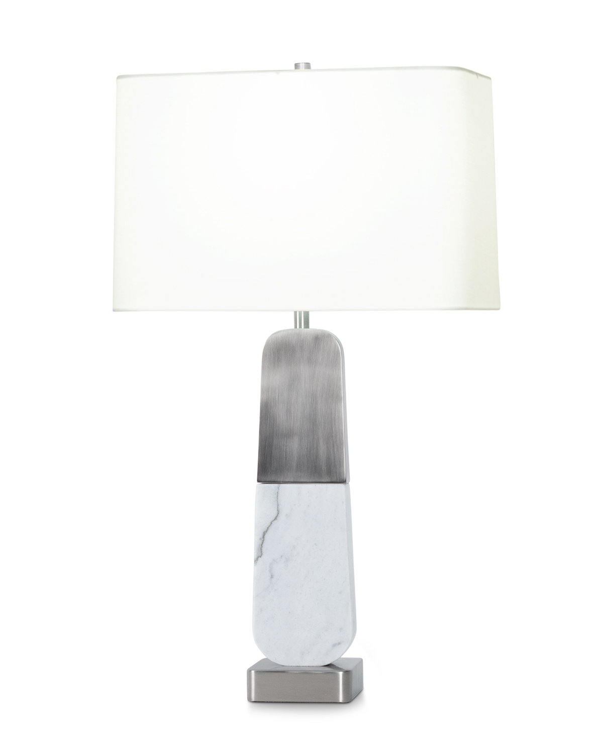 FlowDecor Naomi Table Lamp in white marble and metal with antique silver finish and off-white linen rounded rectangle shade (# 4559)