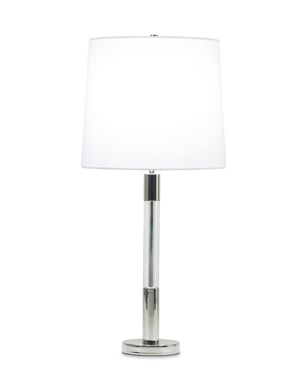 FlowDecor Poppy Table Lamp in metal with polished nickel finish and crystal and white linen tapered drum shade (# 3811)