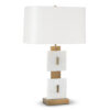 FlowDecor Reynolds Table Lamp in white marble and metal with antique brass finish and off-white cotton rounded rectangle shade (# 4525)