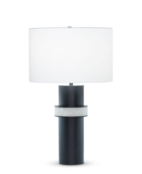 FlowDecor Ricardo Table Lamp in metal base with black matte finish and alabaster and off-white cotton drum shade (# 4529)