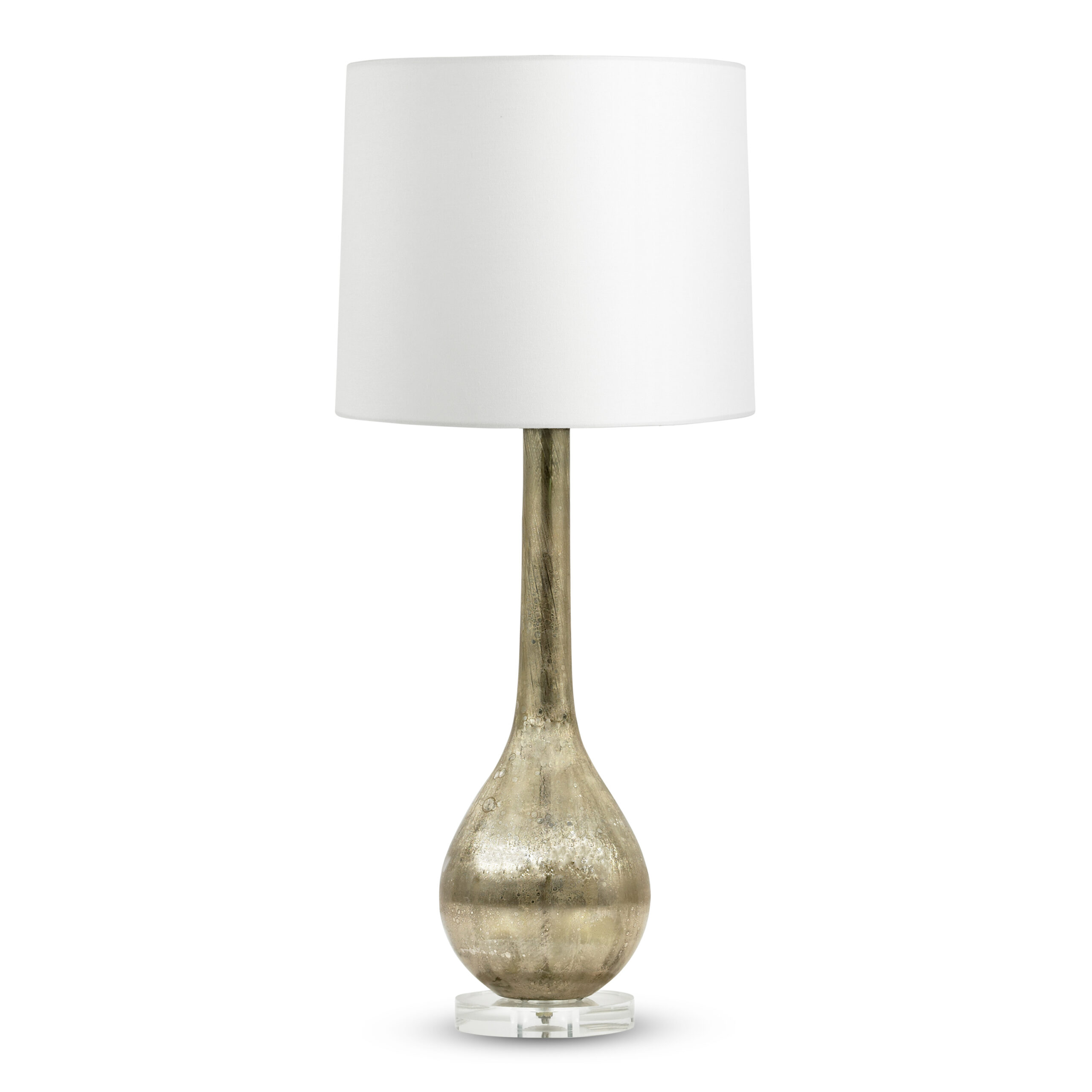 rowan-beige-glass-table-lamp-main-3803-OWL FlowDecor Rowan Table Lamp in mouth-blown glass with beige metallic finish and acrylic base and off-white linen tapered drum shade (# 3803)